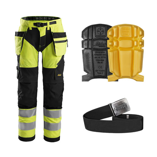 Snickers 6932 Hi-Vis Trousers Kit inc 9110 Kneepads & PTD Belt Snickers 6932 Hi-Vis Trousers Kit inc 9110 Kneepads & PTD Belt